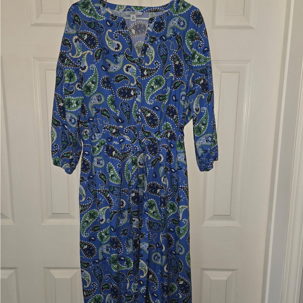 Croft & Barrow Blue and Green Paisley Long Sleeve Dress